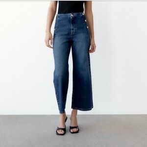 ZARA Cropped Wide Leg Flare High Rise Sailor Jeans With Gold Buttons 70's Size 8